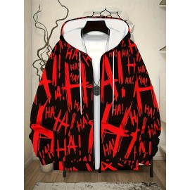 Men's Oversized Streetwear Jacket with Full-Body & Lettering Print - Lightweight Zip-Up Hooded Baseball Coat, Long Sleeve Casual Winter Outerwear for Big & Tall, Urban Fashion Essential, Christmas Gift, PLUS SIZE