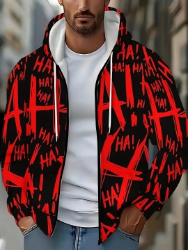 Men's Oversized Streetwear Jacket with Full-Body & Lettering Print - Lightweight Zip-Up Hooded Baseball Coat, Long Sleeve Casual Winter Outerwear for Big & Tall, Urban Fashion Essential, Christmas Gift, PLUS SIZE