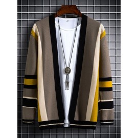 Men's Color-Block Cardigan Jacket - Open-Front Button Closure, Soft Winter Layering Coat (Size Up for proper fit) | Machine Washable Swebs for Fall & Winter | Casual, Office, Streetwear | Color-Block/Striped/Solid Options, PLUS SIZE