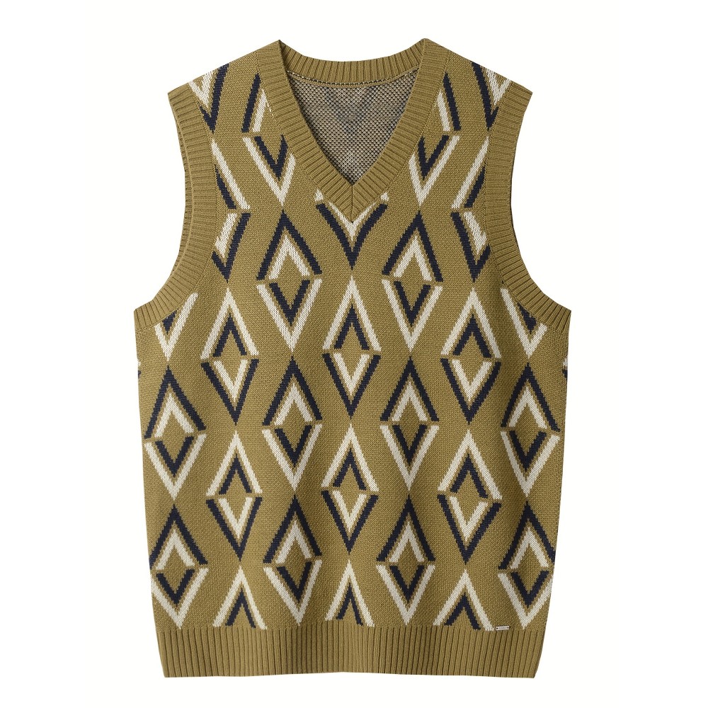 Men's Soft Beige/Brown/Argyle Sweater Vest - Slim Fit V-Neck Pullover, Knit Office & Formal Attire, Autumn/Winter Layering Piece for Business Casual or Casual Attire, Sophisticated Weave, Ribbed Texture, PLUS SIZE