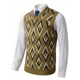 Men's Soft Beige/Brown/Argyle Sweater Vest - Slim Fit V-Neck Pullover, Knit Office & Formal Attire, Autumn/Winter Layering Piece for Business Casual or Casual Attire, Sophisticated Weave, Ribbed Texture, PLUS SIZE