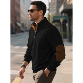 Men'S Corduroy Sweatshirt - Oversized Long Sleeve Pullover with Stand Collar, Green & Brown Striped Casual Sweater, All-Season Comfortable Loose Fit for Outdoor & Casual Attire, Plus Size Available, Easy Care (Ideal for Bowling & Casual Outfits)