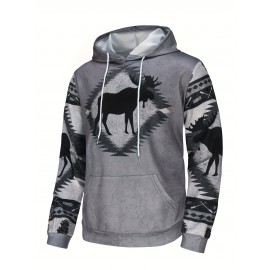 Men'S 3D Digital Print Moose & Reindeer Animal Pattern Hooded Sweatshirt - Winter Warmth Loose Fit Zipper Pullover, Grey & Retro Streetwear with Fur-Like Collar, Casual Long Sleeve Sweater for Autumn and Winter Outdoor Activities, Plus Size