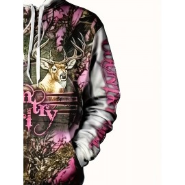Men'S 3D Deer Print Hooded Jacket with Pink Camo & Country Girl Lettering - Long Sleeve Casual Hunting & Outdoor Hoodie, Adjustable Drawstring Pocket, Spring/Fall Camouflage Coat for Daily Wear (Regular Fit, Deer Stag Design), Plus Size