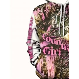Men'S 3D Deer Print Hooded Jacket with Pink Camo & Country Girl Lettering - Long Sleeve Casual Hunting & Outdoor Hoodie, Adjustable Drawstring Pocket, Spring/Fall Camouflage Coat for Daily Wear (Regular Fit, Deer Stag Design), Plus Size
