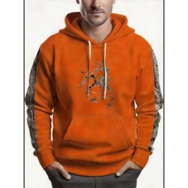 Men'S Plus Size Stretch Polyester Blend Hoodie - 3D Deer Pattern Bright Orange, Kangaroo Pocket Long Sleeve Pullover Suitable for Autumn and Winter, Machine Washable Casual Sportswear, Bold Animal Print, Comfortable Fit, Plus Size