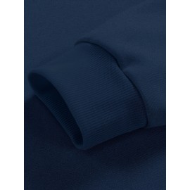 Men's Bird Logo Print Crew Neck Sweatshirt - White Bird Logo on Dark Blue, Casual Long Sleeve Pullover, Minimalist Sweater for Gym, Office & Casual Attire, Versatile Sportswear & Smart-Casual Outfit Essential, PLUS SIZE