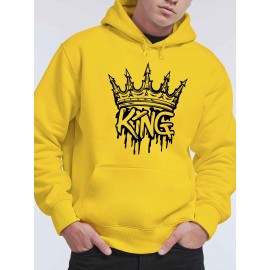 Men'S King Crown Print Hooded Sweatshirt - Royal & Golden Lettering, Winter Knit Fabric with Slight Stretch, Regular Fit Long Sleeve Pullover, Casual American Style Statement Piece for Everyday & Formal Wear - Ideal Gift for Men (KING Lettering Desi