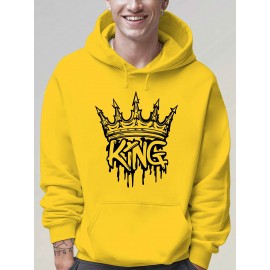 Men'S King Crown Print Hooded Sweatshirt - Royal & Golden Lettering, Winter Knit Fabric with Slight Stretch, Regular Fit Long Sleeve Pullover, Casual American Style Statement Piece for Everyday & Formal Wear - Ideal Gift for Men (KING Lettering Desi