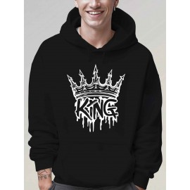Men'S King Crown Print Hooded Sweatshirt - Royal & Golden Lettering, Winter Knit Fabric with Slight Stretch, Regular Fit Long Sleeve Pullover, Casual American Style Statement Piece for Everyday & Formal Wear - Ideal Gift for Men (KING Lettering Desi