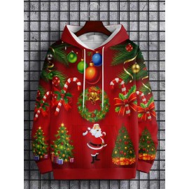 Mens Plus Size Relaxed Hooded 3D Print Sweatshirt | Santa Reindeer Snow Design, Trendy Street Fashion, Bright Colors, Perfect for Autumn Winter