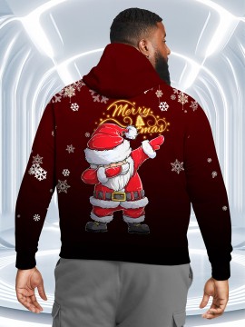 Men's Plus Size 3D Santa Claus & Snowflake Print Hooded Sweater - Oversized Red & Golden Christmas Pullover with 'Merry Christmas' Text, Loose Fit Long Sleeve Hoodie, Machine Washable Funny Ugly Christmas Party Outfit for Holiday Gatherings, PLUS SIZE