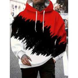 Men'S Casual Hooded Sweatshirt- 3D Color Block Print, Red Black White Abstract Design, Long Sleeve Regular Fit, Knitted Fabric, Front Pocket and Digital Heat Transfer Printing, Suitable for All Seasons Comfortable, Sweatshirt Hoodie, Comfortable Pu, PLUS SIZE