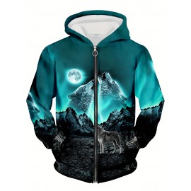 Men'S Moonlit Wolf Howl 3D Print Hooded Zip-Up Sweatshirt - Deep Blue Wolf Pack & Snow Mountain Night Sky Design, Loose Fit Casual Outdoor Winter Wear, Full-Zip Hoodie for Camping & Hiking, Durable 3D Print Graphic Apparel, Plus Size