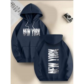 Men's New York Letter Print Hoodie & Matching Sweatsuit Set - Oversized Plus Size Winter Warmth, Distressed NYC Skyline Print Hooded Jacket & Pants, Machine Washable Casual Sportswear, Loose Fit Layered Outfit (New York Themed Apparel), PLUS SIZE