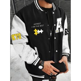 Men's Large Size Baseball Jacket A-69 Letter Print (A for Alpha, 69 for Number 6 & 9) - Plus Size Outerwear with Snap Closure & Pockets, Machine-Washable Polyester Spring/Fall Winter Casual Wear - Christmas Gift for Big & Tall Men, PLUS SIZE