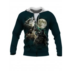 Men's Full-Body Wolf 3D Print Hooded Jacket - Realistic Wolf & Moon Night Sky Design, Knitted Fiber Coat with Zipper Closure, Machine Washable Winter Jacket for Outdoor Wear, Plus Size (Black/Green) - Wolf Howling Print Hoodie, PLUS SIZE
