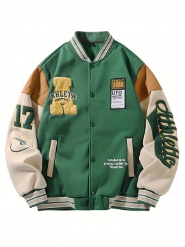 Men's Vintage Varsity Jacket with Number 17 & Team Logo - Plus Size Baseball Coat, Retro School Team Uniform, Machine Washable, Autumn Winter Casual Streetwear, Christmas Gift for Him, PLUS SIZE