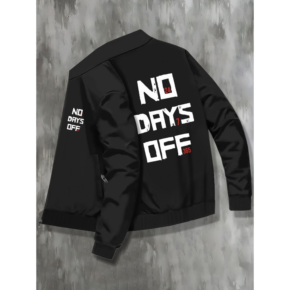 Plus Size NO DAYS OFF College Style Comfy Stand Collar Jacket - Slightly Stretch Stylish Zip Up For Autumn & Winter