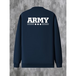 Men'S Plus Size Casual Army Print Varsity Jacket with Pockets, Baseball Collar, Zipper Closure, Knit Polyester Fabric, Slight Stretch, Regular Fit - 95% Polyester, 5% Elastane