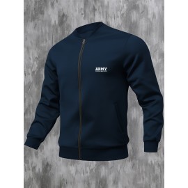 Men'S Plus Size Casual Army Print Varsity Jacket with Pockets, Baseball Collar, Zipper Closure, Knit Polyester Fabric, Slight Stretch, Regular Fit - 95% Polyester, 5% Elastane