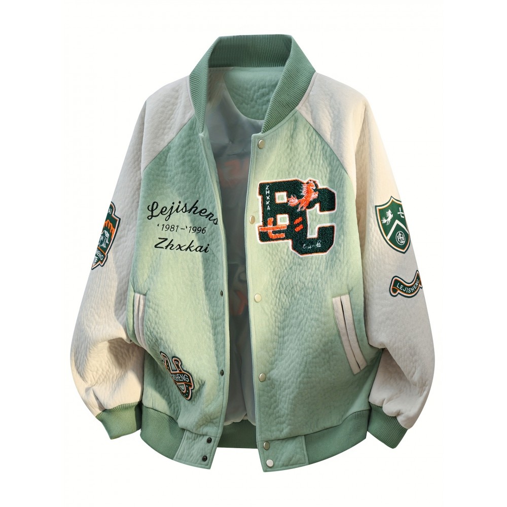 Men's Large Size Heavy-Duty Embellished Varsity Jacket - Mint Green & White Two-Tone with Lettering, Team Logos & Number 95 Emblem - Machine Washable Button-Front Coat for Casual Wear, Events & Themed Parties (V, PLUS SIZE