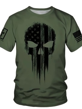 Men's Patriotic 3D Skull Print T-Shirt, Oversized Royal Blue Casual Summer Top with American Flag Design, Crew Neck Short Sleeve- Ideal Valentine's Day Gift for Boyfriend, Skull American Flag Clothing, Large Size, PLUS SIZE