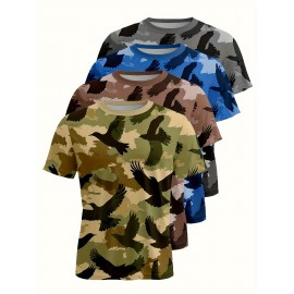 4pcs Men's Camouflage Tactical T-Shirts - Breathable Polyester Camo Tees with Multi-Color (Green/Brown/Black/Blue) Camo Prints, Crew Neck Short Sleeve Shirts for Hunting, Outdoor Activities, Casual & Formal Events - All-Season Layering Essential for Men - Ideal for,, Camping, Casual Attire - Machine Washable & Durable Construction, PLUS SIZE