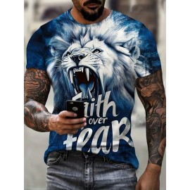 Men's Lion Face T-Shirt with Lion & 'Faith Over Fear' Slogan Print - Oversized Streetwear Tee, Plus Size Casual & Party Outfit, Comfortable Short Sleeve Shirt, Machine Washable White & Blue Lion Design, PLUS SIZE, Mens Trendy Shirts, Tshirt For Men, Mens Tshirt, T Shirt For Men Plus Size, Oversized T Shirt Men, Plus Size Mens T Shirt, Shirts For Men Plus Size, Plus Size Mens Clothing, Plus Size Men Clothing, Mens Shirts, Mens Tshirts, Mens Plus Size Shirt, Fathers Day Gift,