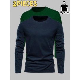 2pcs Men's Heavyweight 95% Polyester/5% Spandex Oversized Long Sleeve T-Shirt Set - Soft Stretch Round Neck Casual Layering Shirts in Green & Grey, Solid Color Winter Warmth, Comfortable Casual Attire, Plus Size Available (Machine Washable) - Ideal for Fall & Winter Layering Essentials (Casual & Formal Outfits) - Versatile Matching Outfits for Men, Relaxed Fit, Durable & Easy Care, Long Sleeve T Shirts for Men, Mens Plus Size T Shirt, Printed T Shirts for Men, PLUS SIZE