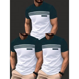 3pcs Men'S Casual Crew Neck Short Sleeve T-Shirts- Light Gray with White Horizontal Stripes, Regular Fit, Slight Stretch Fabric, Stylish Black Watch Accessories, Casual Attire|Striped Tee|Stretchy Fabric, Everyday Outfit, Versatile Clothing, Minimalist Design, Modern Casual, Durable Construction, Breathable Fabric, Basic Tee, Striped Shirt, Plus Size, Men T Shirt High Quality, Men Plus Size Clothing, Big And Tall Men Clothing, Men Big And Tall Clothing, Big And Tall Graphic Tee, Plus
