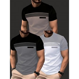 3pcs Men'S Casual Crew Neck Short Sleeve T-Shirts- Light Gray with White Horizontal Stripes, Regular Fit, Slight Stretch Fabric, Stylish Black Watch Accessories, Casual Attire|Striped Tee|Stretchy Fabric, Everyday Outfit, Versatile Clothing, Minimalist Design, Modern Casual, Durable Construction, Breathable Fabric, Basic Tee, Striped Shirt, Plus Size, Men T Shirt High Quality, Men Plus Size Clothing, Big And Tall Men Clothing, Men Big And Tall Clothing, Big And Tall Graphic Tee, Plus