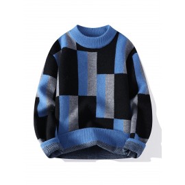 Men'S Geometric Checkered Crew Neck Sweater - Soft Warm Textured Pullover, /Brown Pattern, Cozy Fall Winter Sweater for Street Style & Layered Outfits, Casual Daily Wear, Versatile for Semi-Formal Events, Order Two Sizes for Best Fit (Regular Fit)