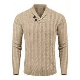 Men'S Shawl Collar Pullover Sweater Slim Fit Casual Button Cable Knit Sweaters, Plus Size
