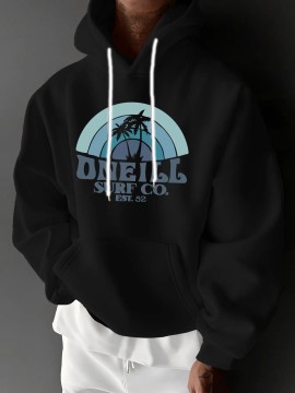 Men'S Oversized Fleece-Lined Hooded Sweatshirt with Surf & Beach Graphic Print - 100% Micro-Elastic Knit, Kangaroo Pocket, Surfing Surf Co. Design, Surfing-Themed Casual Pullover for Surfing, Beachwear & Everyday Comfort (Large Size) - Ideal Gift fo