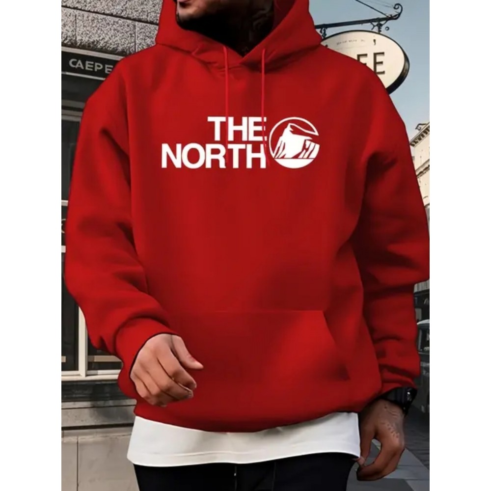 Men's Plus-Size Oversized Hoodie Sweatshirt - Red Hockey Logo & The North Slogan Print, Kangaroo Pocket, Machine-Washable Knit Fabric, Hockey-Themed Casual Wear & Christmas Party Outfit, Thanksgiving Gift (Local Shipping) - Hockey, PLUS SIZE