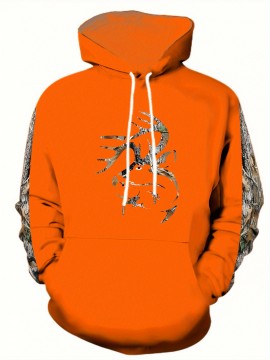 Men'S Plus Size Stretch Polyester Blend Hoodie - 3D Deer Pattern Bright Orange, Kangaroo Pocket Long Sleeve Pullover Suitable for Autumn and Winter, Machine Washable Casual Sportswear, Bold Animal Print, Comfortable Fit, Plus Size
