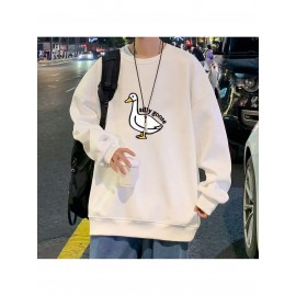 Men'S Loose Fit Sweatshirt - White Pullover with Minimalist Graphic, Soft Polyester Long Sleeve Shirt for Everyday & Formal Wear, Machine Washable Winter Sweater for Men, Sweater, Casual Wear, Korean Fashion, Durable Construction, Printed Top, Streetwear Lovers, PLUS SIZE