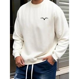 Men's Bird Logo Print Crew Neck Sweatshirt - White Bird Logo on Dark Blue, Casual Long Sleeve Pullover, Minimalist Sweater for Gym, Office & Casual Attire, Versatile Sportswear & Smart-Casual Outfit Essential, PLUS SIZE