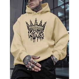 Men'S King Crown Print Hooded Sweatshirt - Royal & Golden Lettering, Winter Knit Fabric with Slight Stretch, Regular Fit Long Sleeve Pullover, Casual American Style Statement Piece for Everyday & Formal Wear - Ideal Gift for Men (KING Lettering Desi
