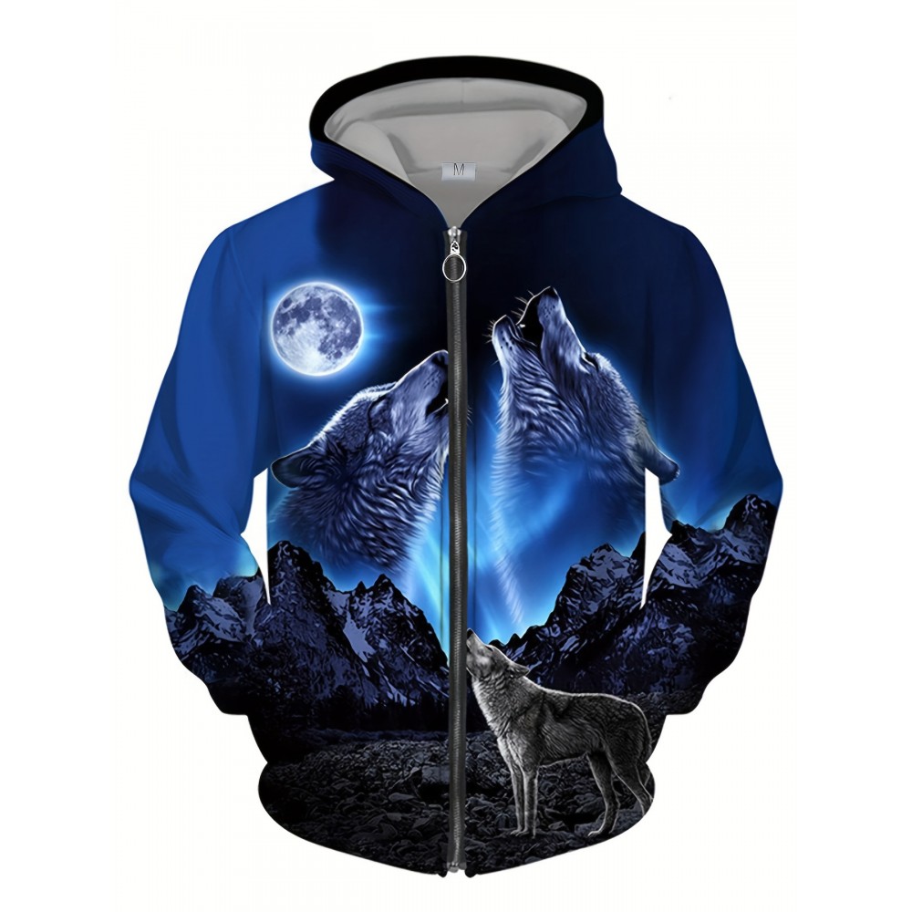 Men'S Moonlit Wolf Howl 3D Print Hooded Zip-Up Sweatshirt - Deep Blue Wolf Pack & Snow Mountain Night Sky Design, Loose Fit Casual Outdoor Winter Wear, Full-Zip Hoodie for Camping & Hiking, Durable 3D Print Graphic Apparel, Plus Size