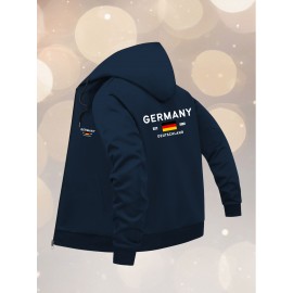 Men'S Plus Size Hooded Jacket - Navy Blue with Germany Deutschland Text, Zip-Up Front Closure, All-Season Casual Coat for Everyday & Formal Events, Lightweight Outerwear (Size Larger than Regular Fit), Versatile Layering, Modern Menswear, Durable Fabric, Stylish Coat, Urban Style, Layering Piece, Trendy Menswear, Highquality Stitching, Big And Tall Men, PLUS SIZE, Seasonal Fashion, Plus Size Men, ' Fashion Classy jacket, formal jacket men plus size talllageHeavy Jacket warmer mens