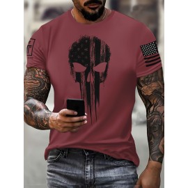 Men's Patriotic 3D Skull Print T-Shirt, Oversized Royal Blue Casual Summer Top with American Flag Design, Crew Neck Short Sleeve- Ideal Valentine's Day Gift for Boyfriend, Skull American Flag Clothing, Large Size, PLUS SIZE