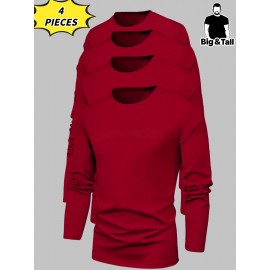[Soft Plus Size T-Shirts] 4pcs Men's Plus Size Long Sleeve T-Shirt Set - Soft & Comfortable, 95% Polyester 5% Spandex, Solid Color, Round Neck, Casual Style, Perfect for Fall, Daily Wear