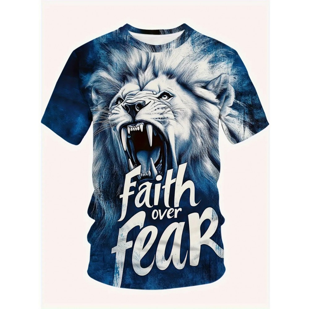 Men's Lion Face T-Shirt with Lion & 'Faith Over Fear' Slogan Print - Oversized Streetwear Tee, Plus Size Casual & Party Outfit, Comfortable Short Sleeve Shirt, Machine Washable White & Blue Lion Design, PLUS SIZE, Mens Trendy Shirts, Tshirt For Men, Mens Tshirt, T Shirt For Men Plus Size, Oversized T Shirt Men, Plus Size Mens T Shirt, Shirts For Men Plus Size, Plus Size Mens Clothing, Plus Size Men Clothing, Mens Shirts, Mens Tshirts, Mens Plus Size Shirt, Fathers Day Gift,
