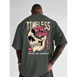Men's Gothic Skull & Rose T-Shirt with Back Print - Oversized Streetwear Fit, Bold 